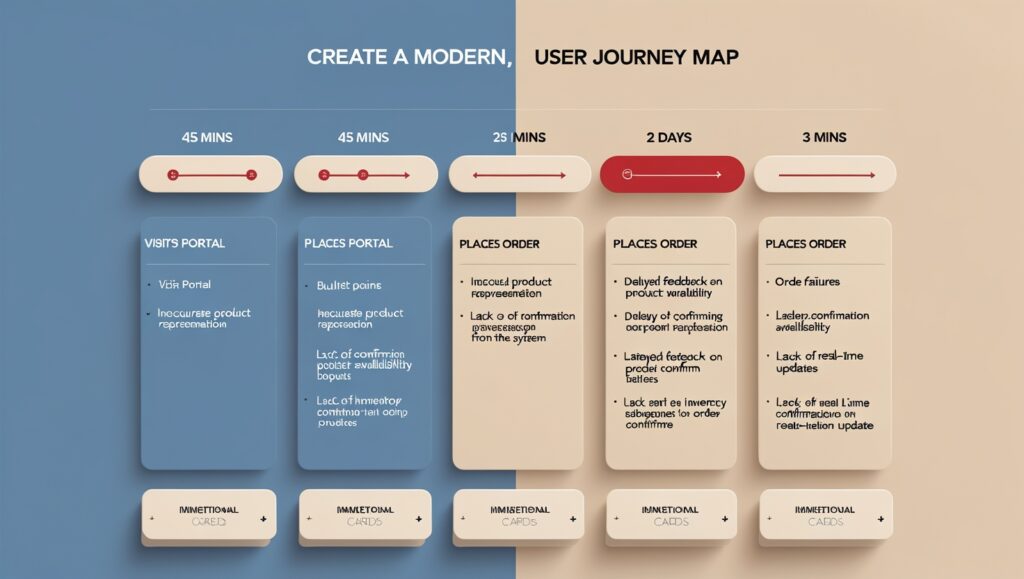 Order placement and inventory management user flow with emotional mapping in UX research visualization.
