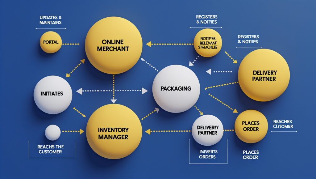 Service blueprint visualizing stakeholders and customer touchpoints in online shopping UX journey.